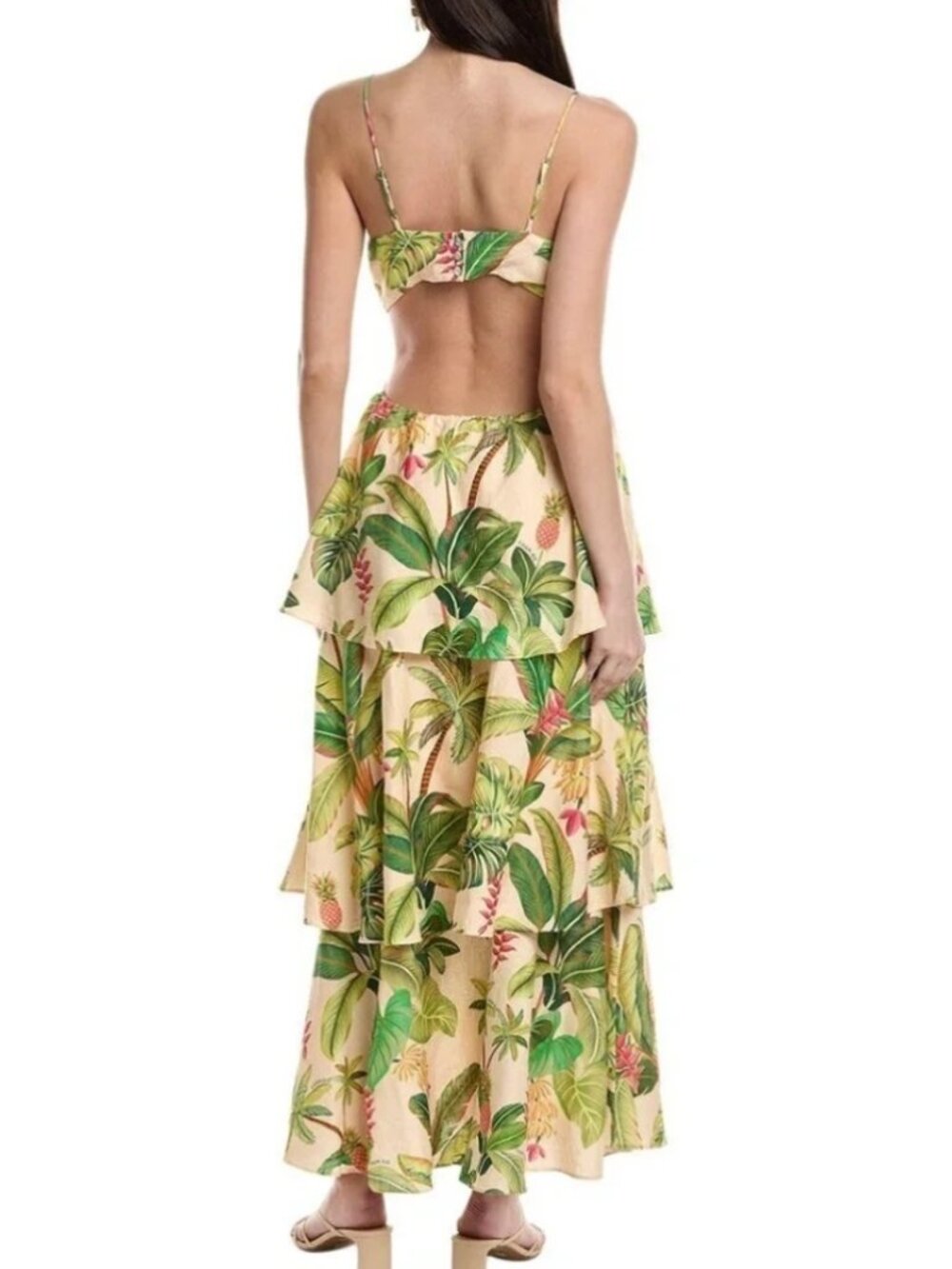 NWT FARM Rio Fruit Forest Linen Blend Maxi Dress XL Tropical Cutout Ruffle Sand - Picture 6 of 11